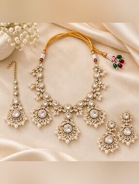 White Kundan Statement Jewelry Set with Earrings & Maang Tikka for Events